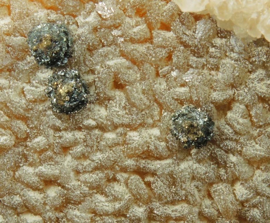 Detail view of mineral Stilbite-Ca with Calcite and Pyrite (best of find) for sale from 700' level, Sta.167, Queens Tunnel of NYC Water Tunnel #3, Woodside, Queens, New York City, Queens County, New York