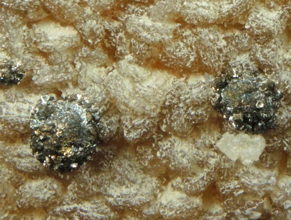 Detail view of mineral Stilbite-Ca with Calcite and Pyrite (best of find) for sale from 700' level, Sta.167, Queens Tunnel of NYC Water Tunnel #3, Woodside, Queens, New York City, Queens County, New York