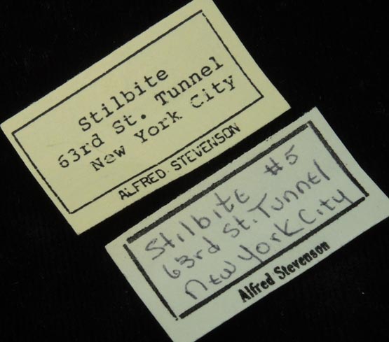 Detail view of mineral Stilbite on Calcite with (?) for sale from 63rd Street Subway Tunnel, Manhattan Island, New York City, New York County, New York