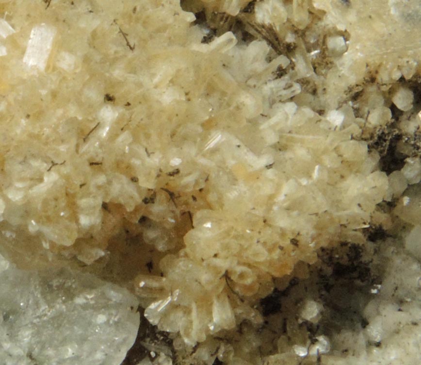 Detail view of mineral Stilbite on Calcite with (?) for sale from 63rd Street Subway Tunnel, Manhattan Island, New York City, New York County, New York